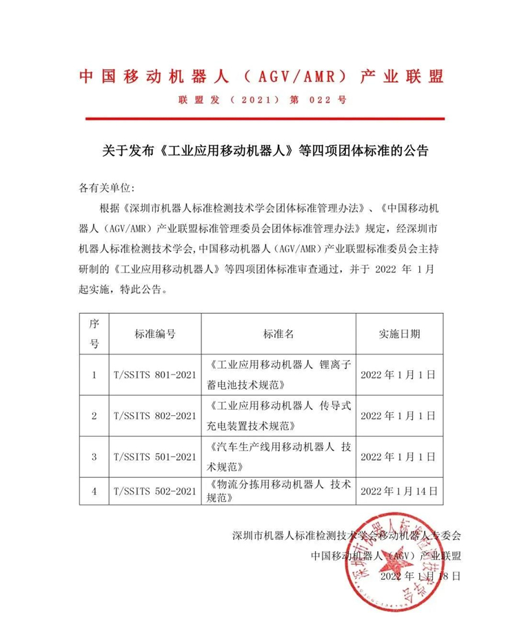 關(guān)于發(fā)布《工業(yè)應用移動機器人》四項團體標準的公告
